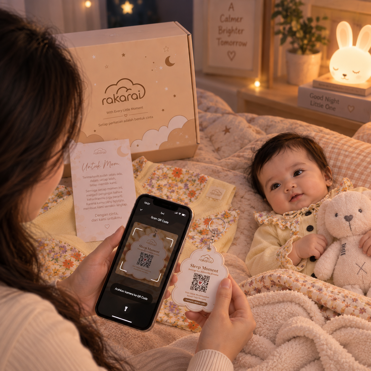Ibu memindai QR code bersama bayi