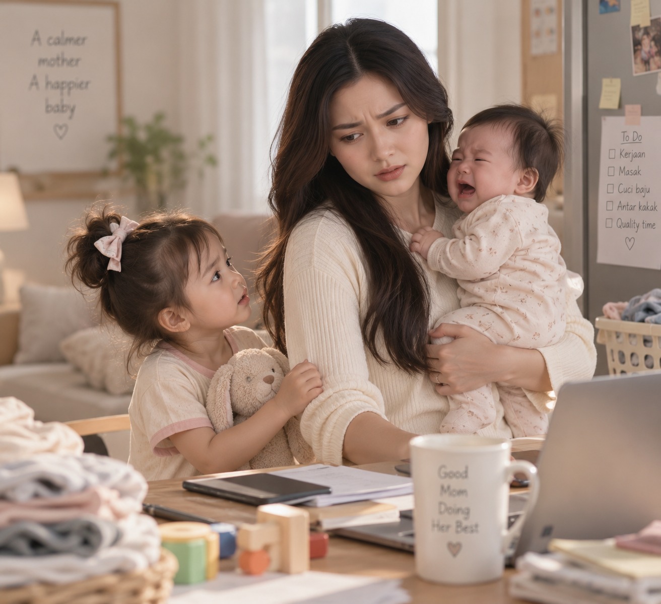Ibu lelah di tengah hari yang sibuk bersama anak